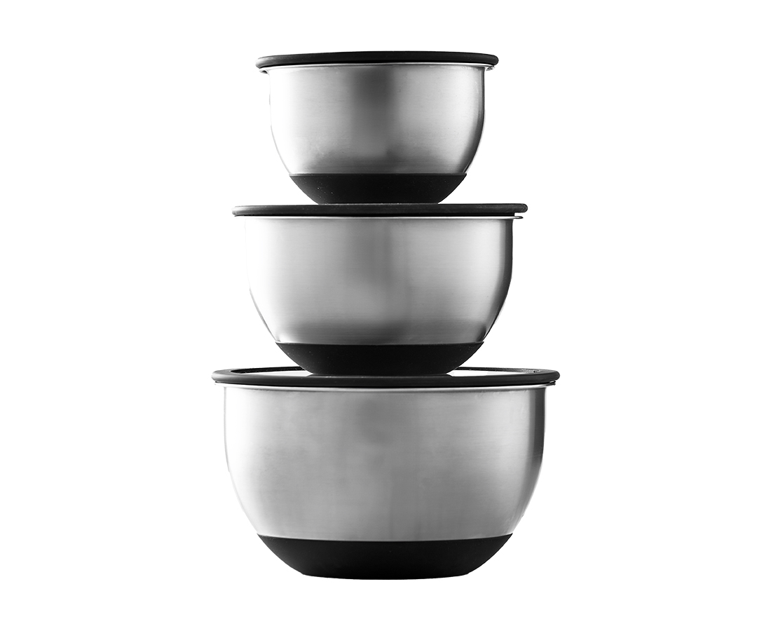thinkkitchen Orion Mixing Bowls with Glass Lids, Set of 3, Silver and Black