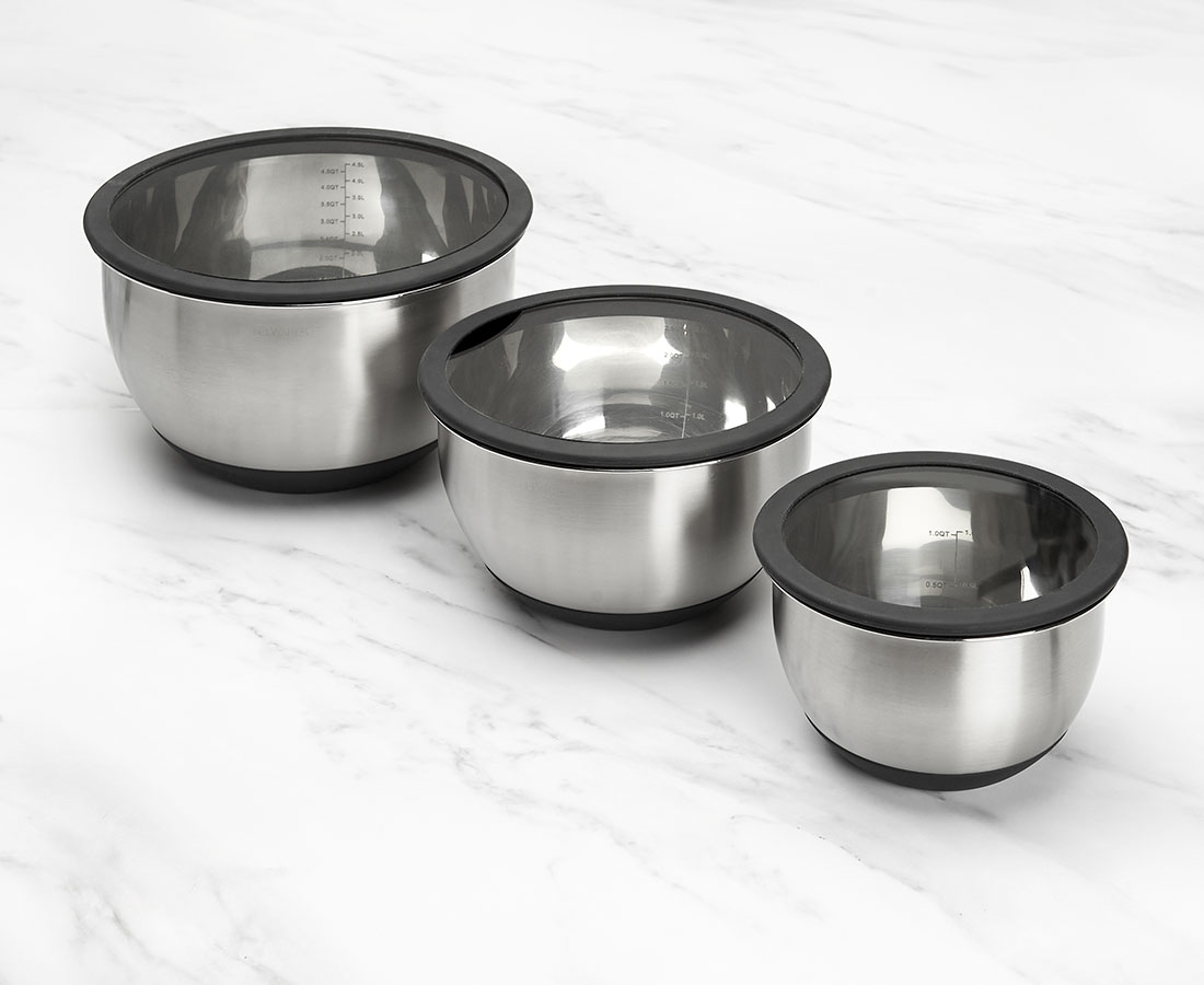 thinkkitchen Orion Mixing Bowls with Glass Lids, Set of 3, Silver and Black