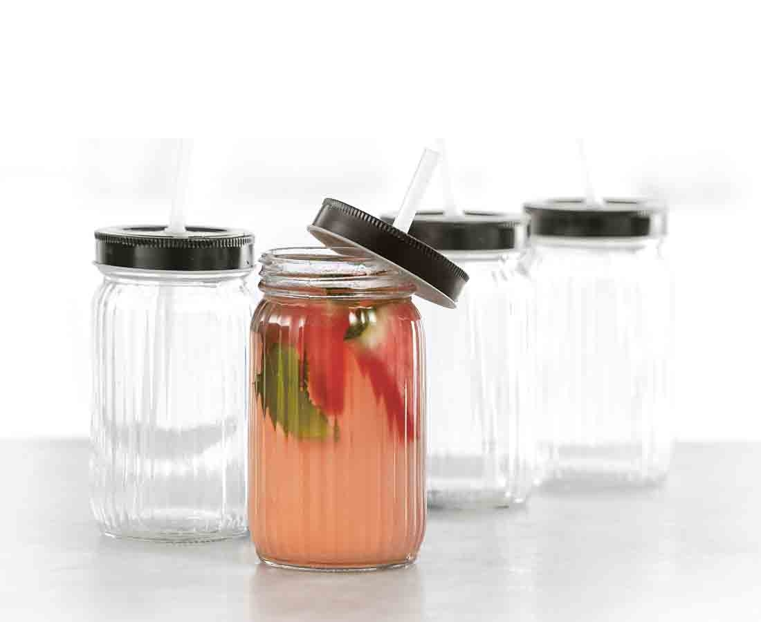 Liv Glasses with Cover and Straw, Set of 4, Clear and Black
