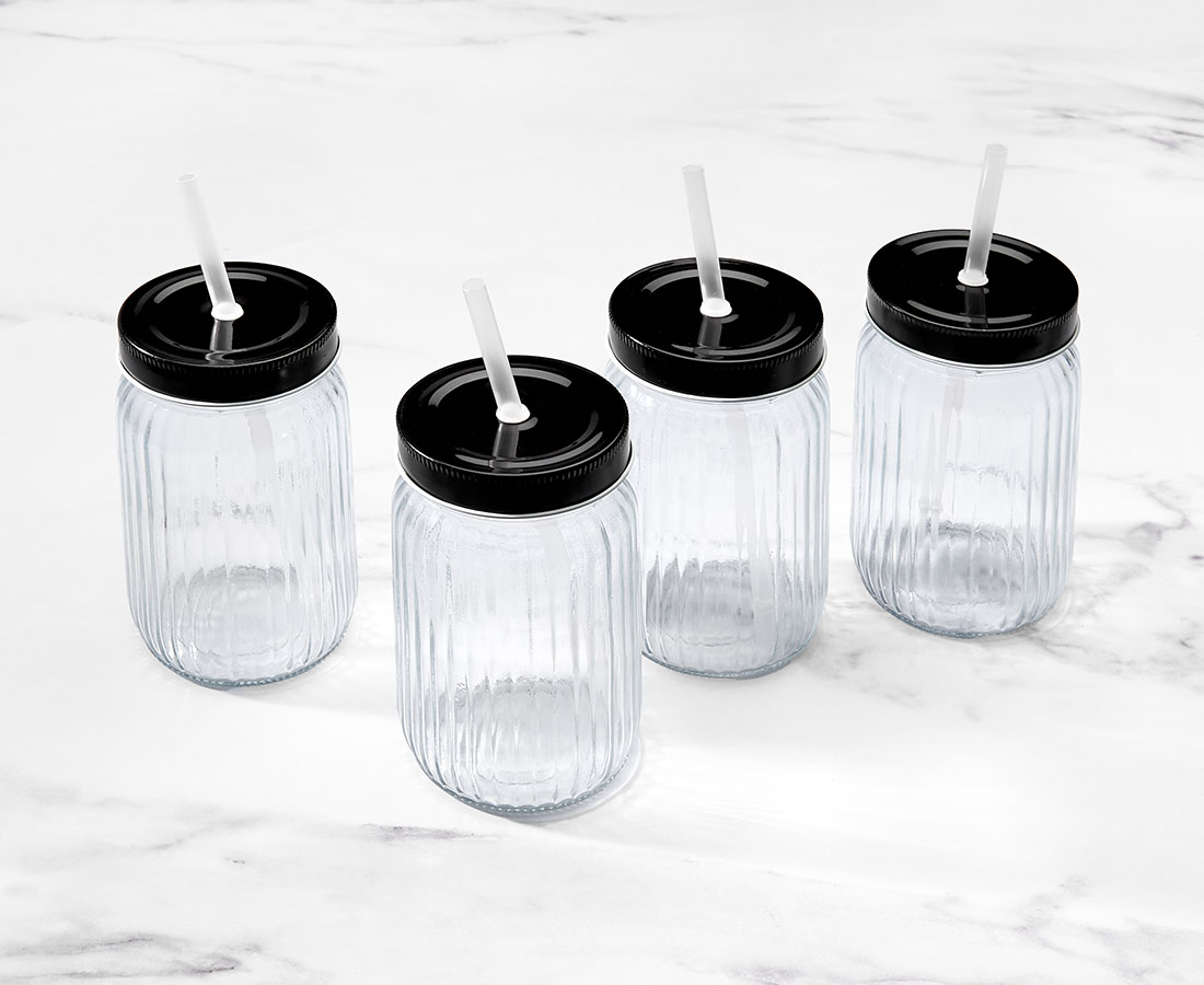 Liv Glasses with Cover and Straw, Set of 4, Clear and Black