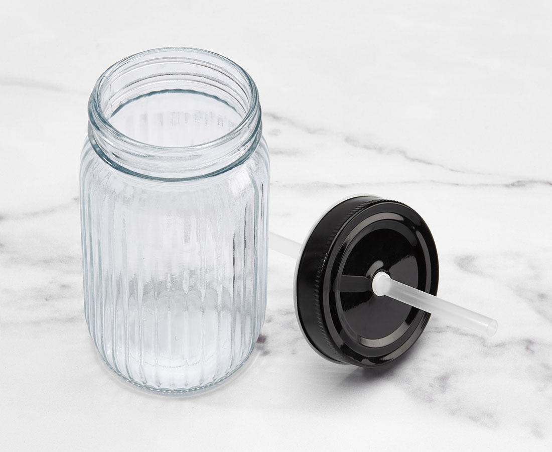 Liv Glasses with Cover and Straw, Set of 4, Clear and Black