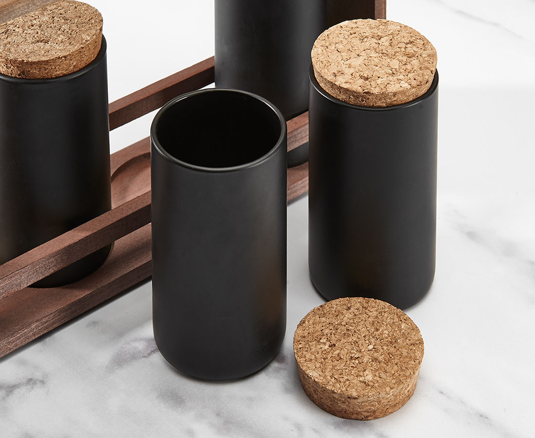 thinkkitchen Stackable Spice Rack with 4 Unfilled Jars, Brown and Black