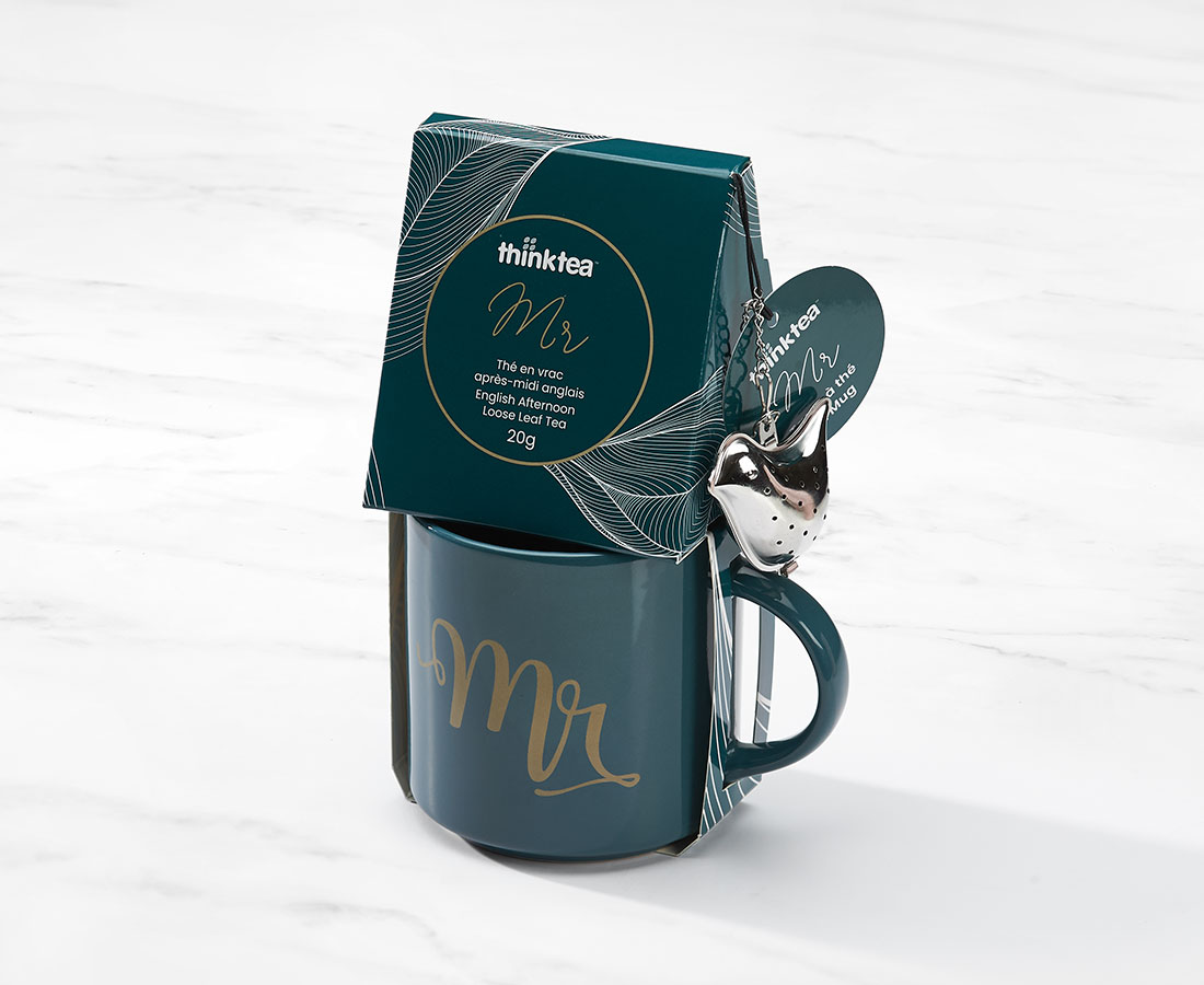 thinktea 'Mr' Mug and Tea Set, Green and gold
