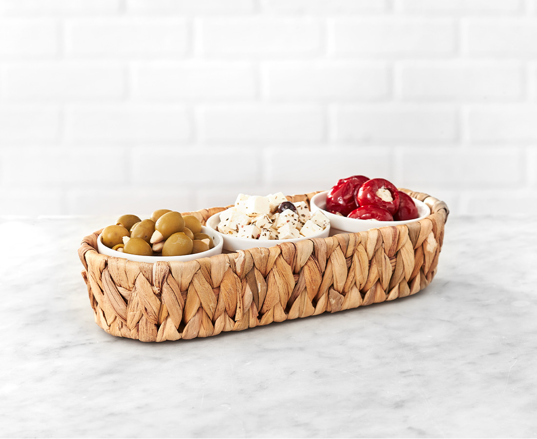 Catalina Bowls, Set of 3, with Hyacinth Basket, White and Natural