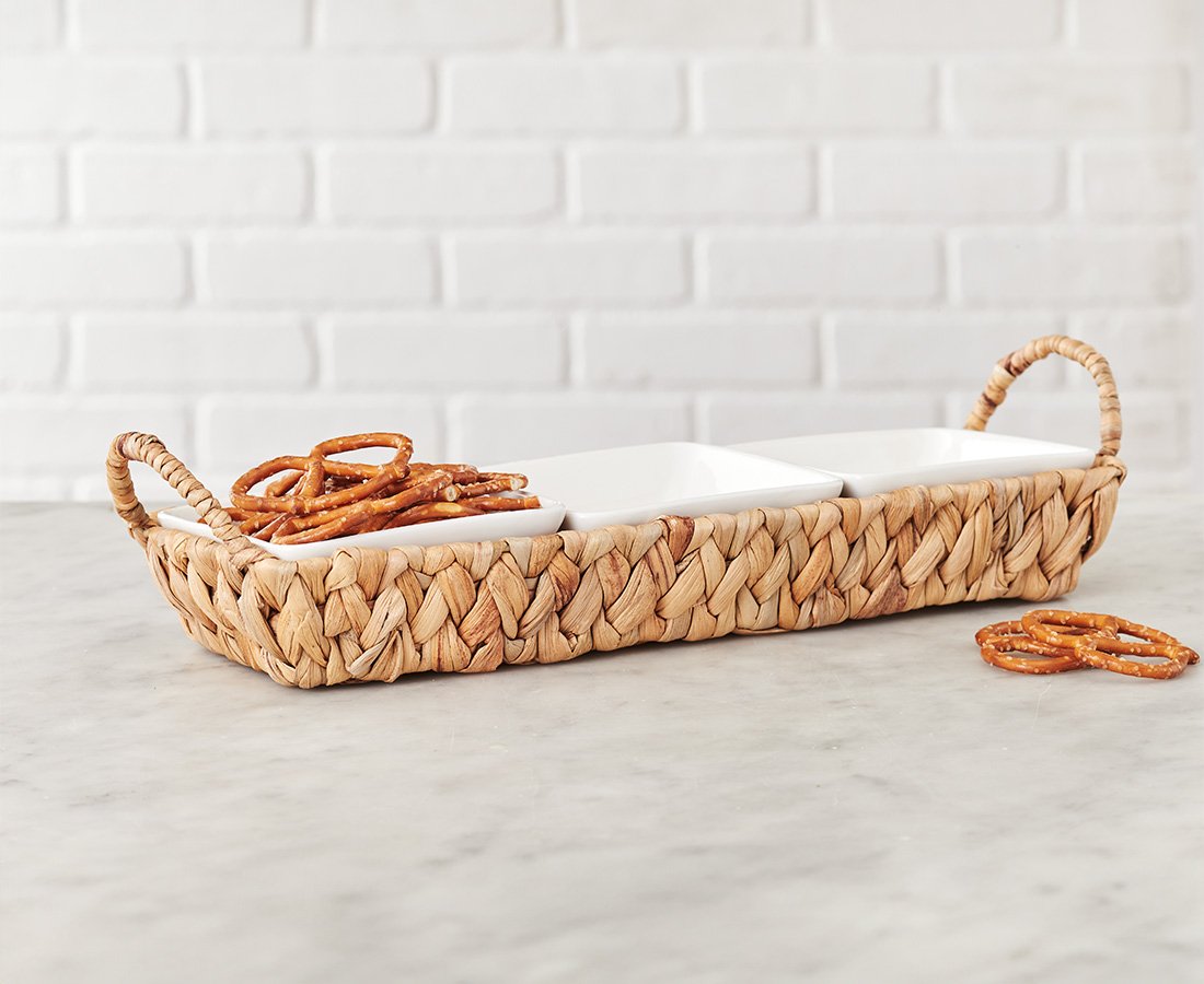 Catalina Bowls, Set of 4, with Hyacinth Basket, White and Natural